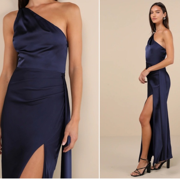 LULU's Sexy Prom Wedding Bridesmaid Chic Flirty Satin One Shoulder Elegant Maxi - Picture 4 of 7